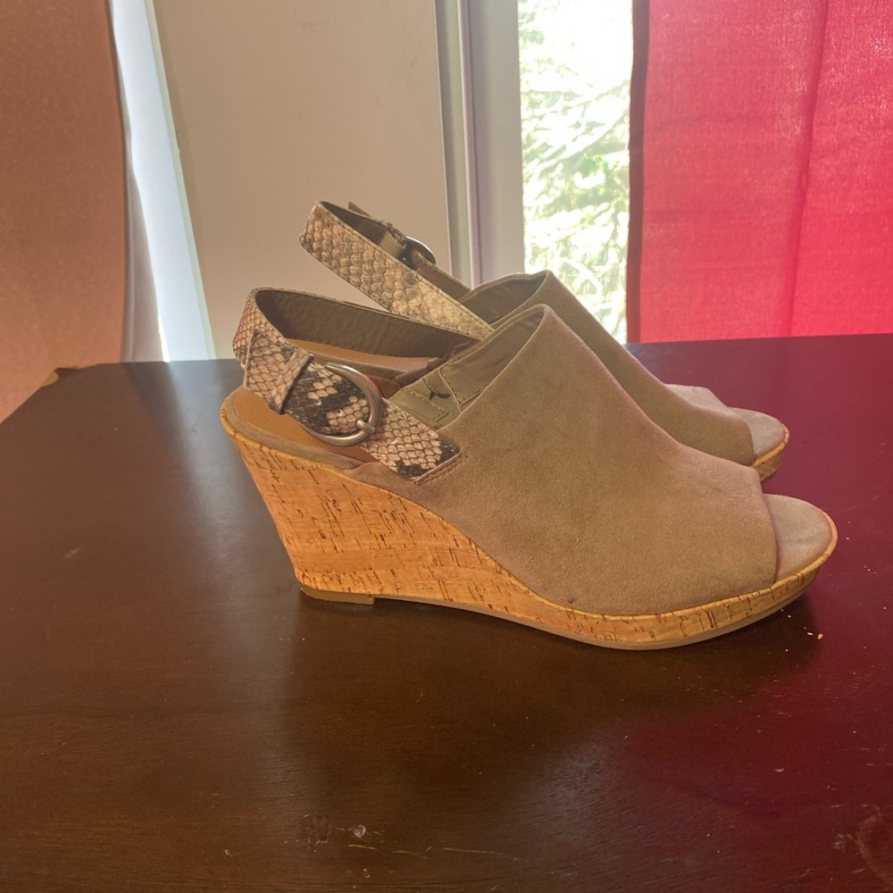 Grey Suede Cork Wedge Sandals with Snake-Print Sling